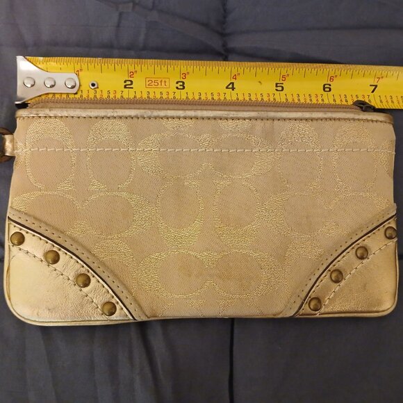 Coach Wristlet in Gold Signature trimmed with Gold Leather and Studs - Picture 5 of 8